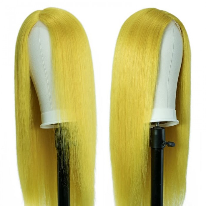 Incolorwig Pure Color Yellow Wigs 150% Density Straight Hair Wigs Hairline Middle Lace Part Wig