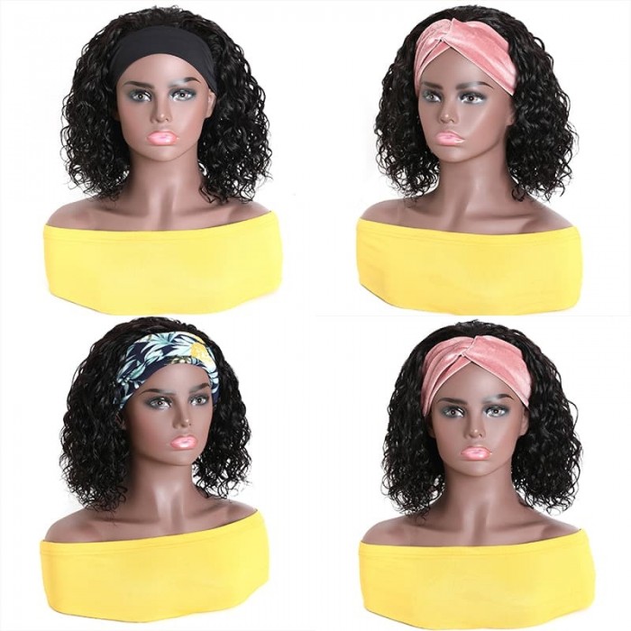 Incolorwig Water Wave Bob Wigs Natural Black Headband Human Hair Wigs