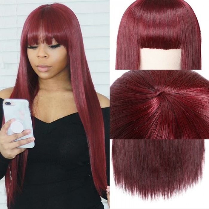 Incolorwig 99J Silk Straight Hair Wigs with Bangs Glueless capless Wigs for Women 99j Red Human Hair Wig