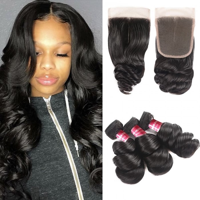 Incolorwig Loose Wave 3 Bundles With 4x4 Lace Closure Human Hair Natural Color
