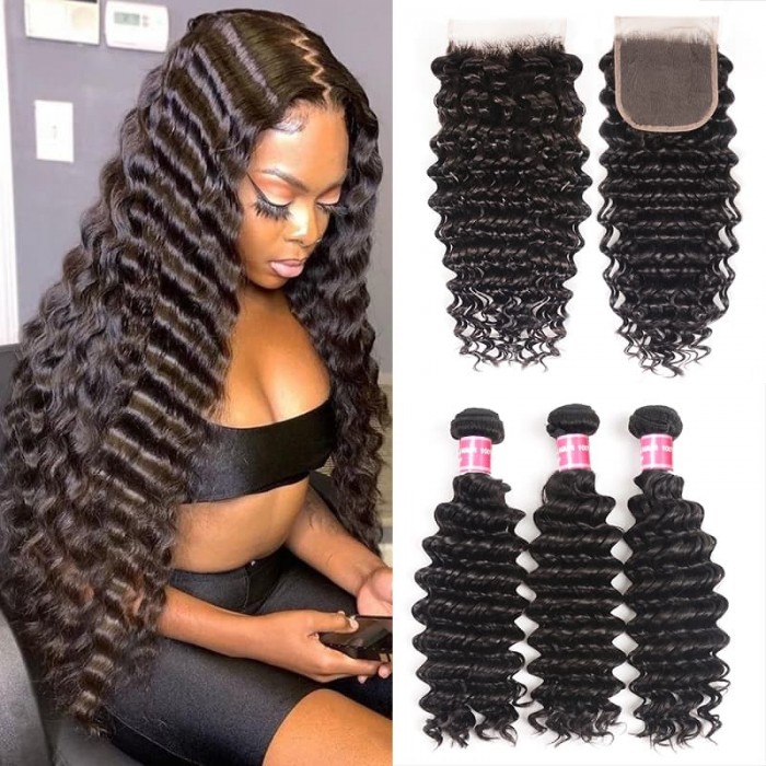 Incolorwig Deep Wave Virgin Hair Weave 3 Bundles With Lace Closure Natural Color Best Human Hair