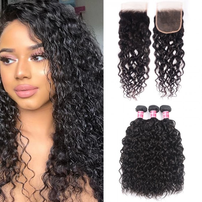 Incolorwig Brazilian Water Wave Virgin Hair Weave 3 Bundles With Lace Closure 100% Virgin Human Hair