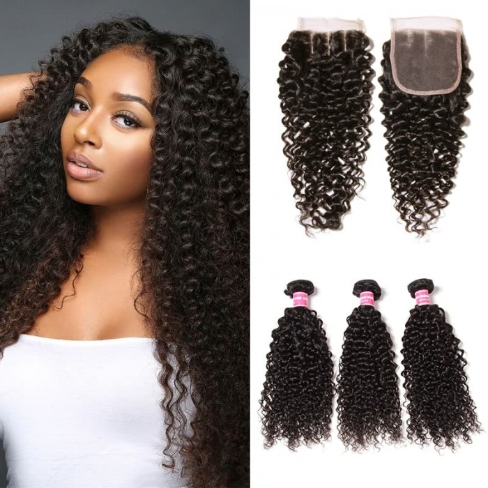Incolorwig Jerry Curly Virgin Hair 3 Bundles With Pre-plucked 4*4 Lace Closure Human Hair