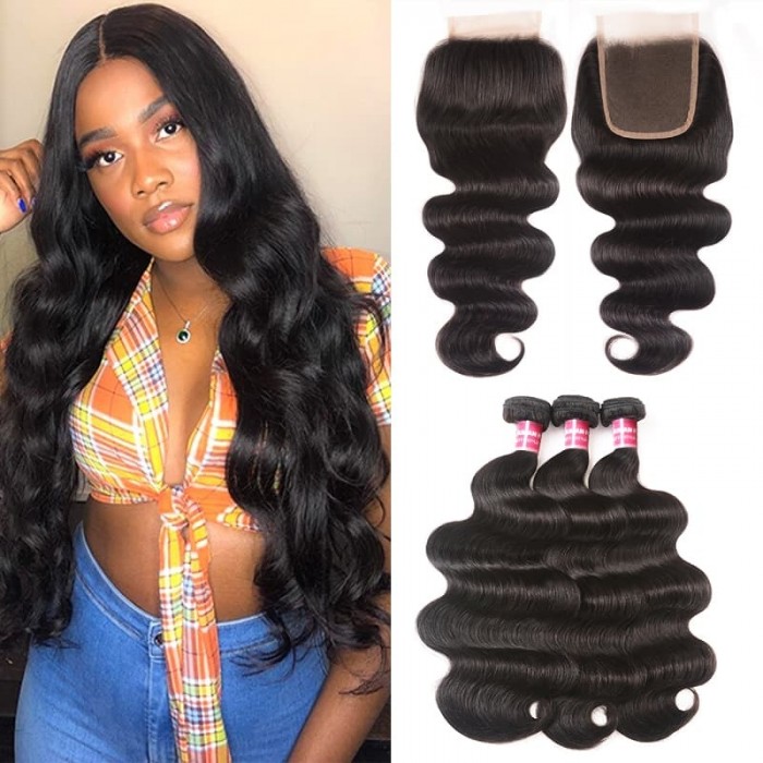 Incolorwig Body Wave Virgin Hair Weave 3 Bundles With Lace Closure 100% Virgin Human Hair