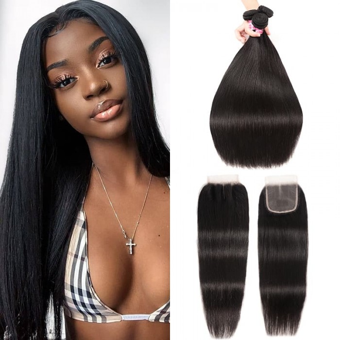 Incolorwig Brazilian Straight Hair 3 Bundles With Lace Closure 4*4 Free Part Virgin Human Hair