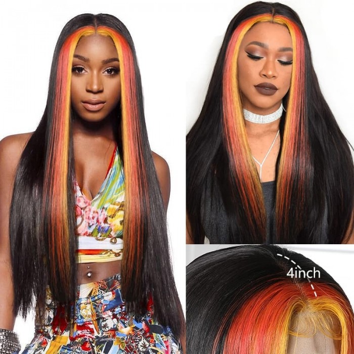 Incolorwig Highlight 13*4 Lace Frontal Wig 150% Density Natural Black Mixed Orange And Yellow Straight Wig