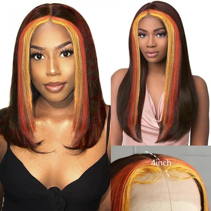 Incolorwig 150% Density Human Hair 13x4 Lace Front Highlight Wig #4 Mixed Orange And Yellow Colored Wig