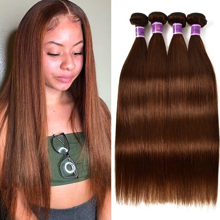 Incolorwig 4 Bundles Peruvian Hair #4 Medium Brown Straight Wave Hair Human Hair Weave