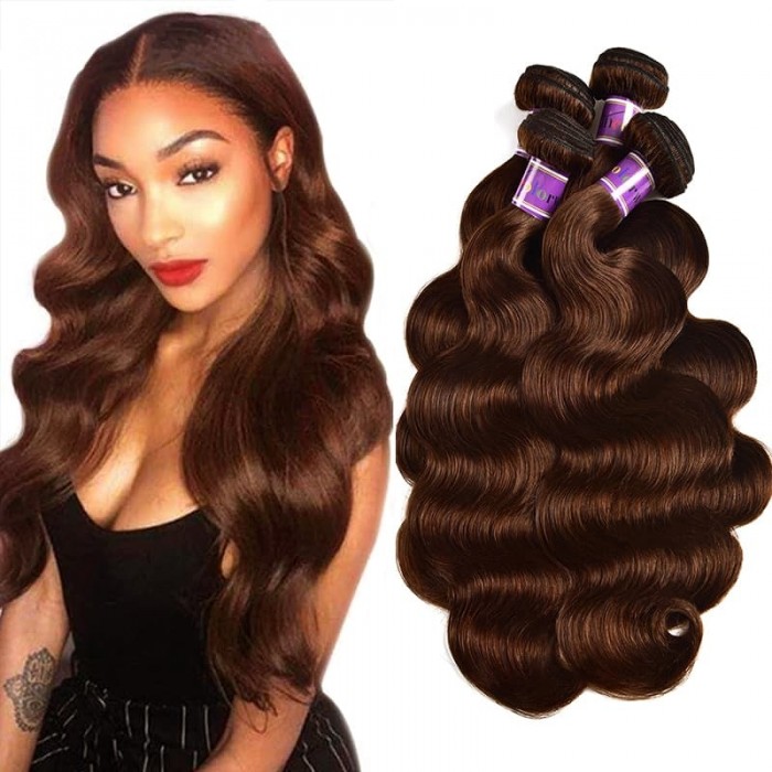 Incolorwig Virgin Brazilian Human Hair Weave Pre-colored #4 Medium Brown Body Wave 4 Bundles