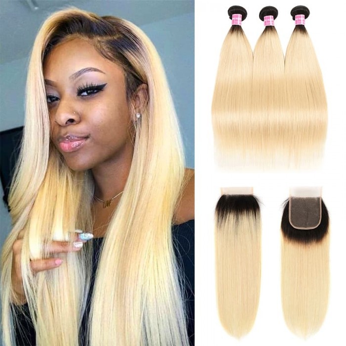 Incolorwig New Arrival Peruvian Human Hair Combination #T1B613 Ombre Blonde Straight Hair 3 Bundles With 4*4 Lace Closure