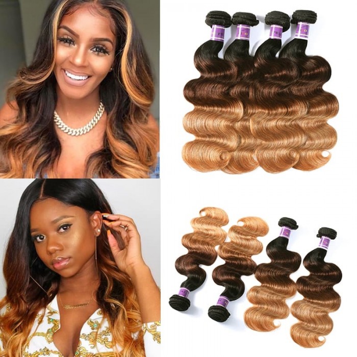 Incolorwig 100% Peruvian Human Hair 4 Bundles Deals #T1B427 Ombre Color Body Wave Human Hair Weave