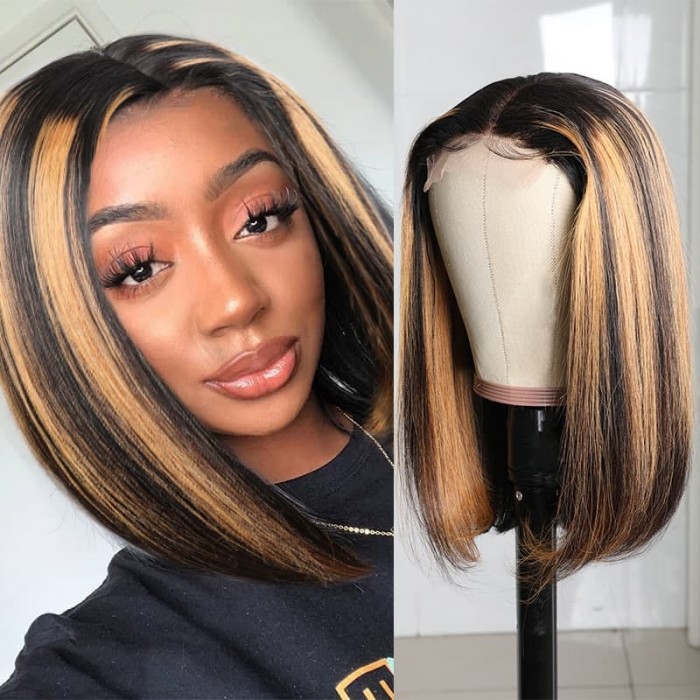 Incolorwig Ombre Highlight Piano Color Short Bob Wigs Pre-plucked #TP1B30 T Part Wig 150% Density