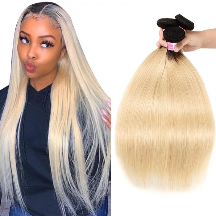 Incolorwig Selected Brazilian Human Hair Weave 3 Bundles #T1B613 Ombre Blonde Straight Hair