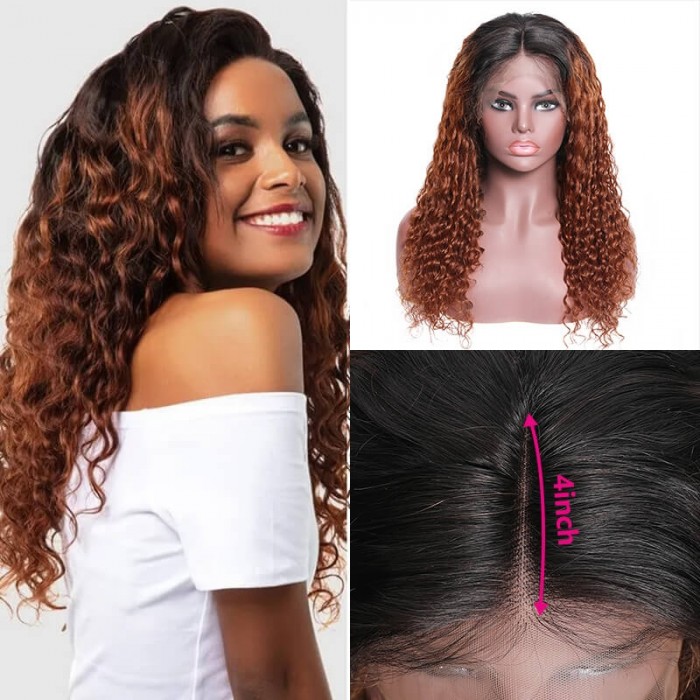 Incolorwig Best Human Hair Curly Wigs #T1B30 Ombre Color 13*4 Lace Front Wigs 150% Density