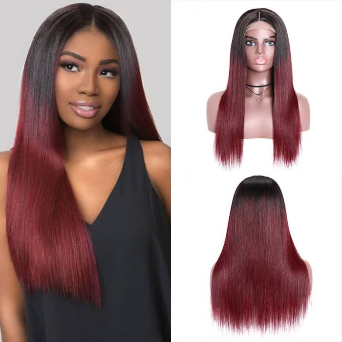 Incolorwig Straight Human Hair Wig Red Color 4x4 Lace Closure Straight Hair Wigs 1B99J Wig 150% Density