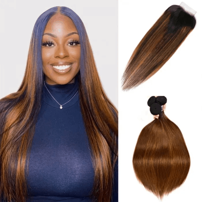 Incolorwig 3 Bundles Brown Highlights Straight Human Hair With Lace Closure Free Part