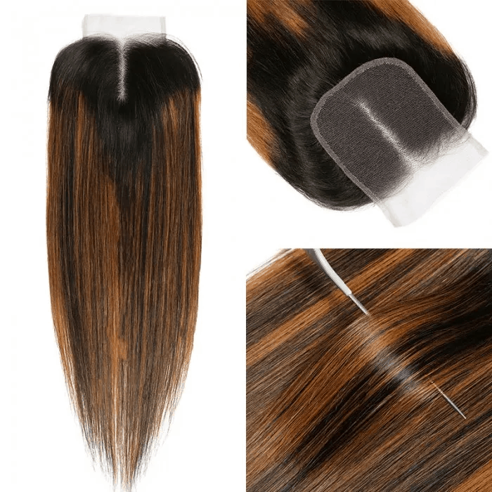 Incolorwig 3 Bundles Brown Highlights Straight Human Hair With Lace Closure Free Part