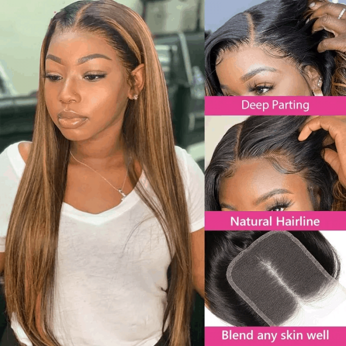 Incolorwig 3 Bundles Brown Highlights Straight Human Hair With Lace Closure Free Part