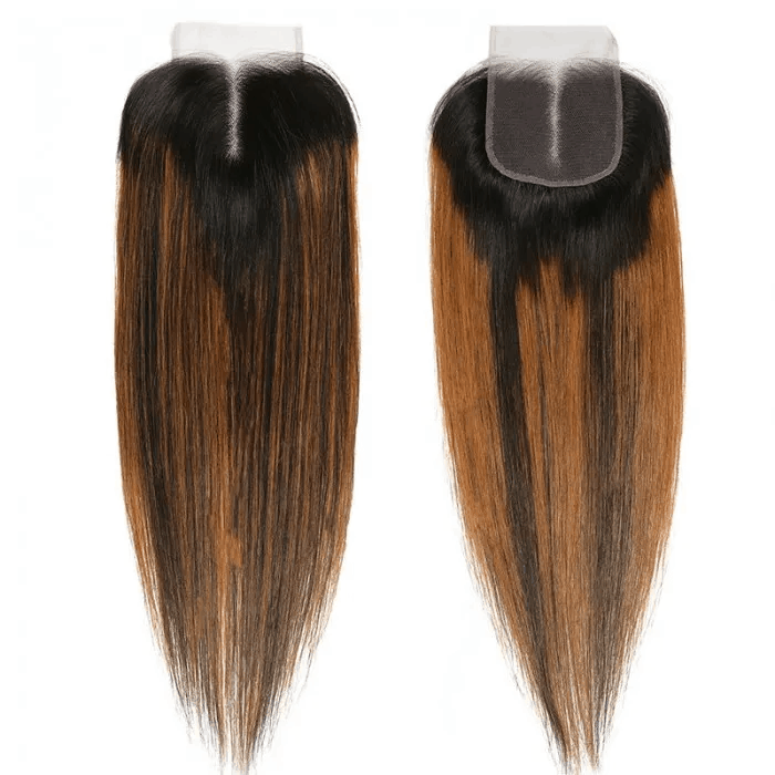 Incolorwig 3 Bundles Brown Highlights Straight Human Hair With Lace Closure Free Part