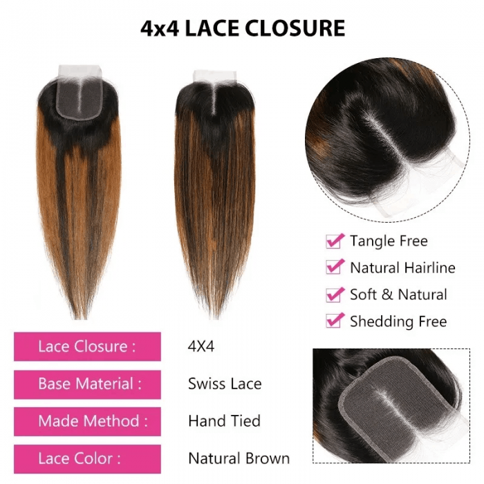 Incolorwig 3 Bundles Brown Highlights Straight Human Hair With Lace Closure Free Part