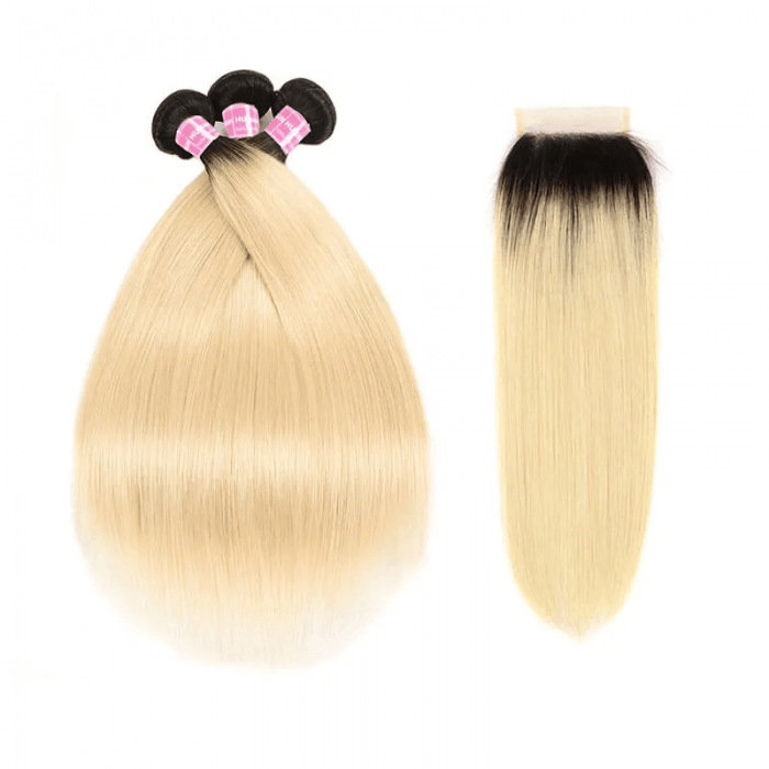 Incolorwig New Arrival Peruvian Human Hair Combination #T1B613 Ombre Blonde Straight Hair 3 Bundles With 4*4 Lace Closure