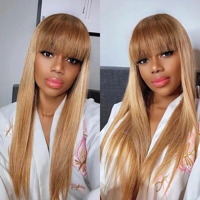 Incolorwig Honey Brown Ombre 13*4 Transparent Lace Front Straight Hair Wig With Bangs