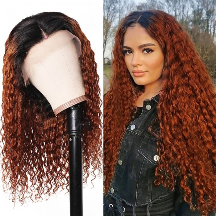 Incolorwig Best Human Hair Curly Wigs #T1B30 Ombre Color 13*4 Lace Front Wigs 150% Density