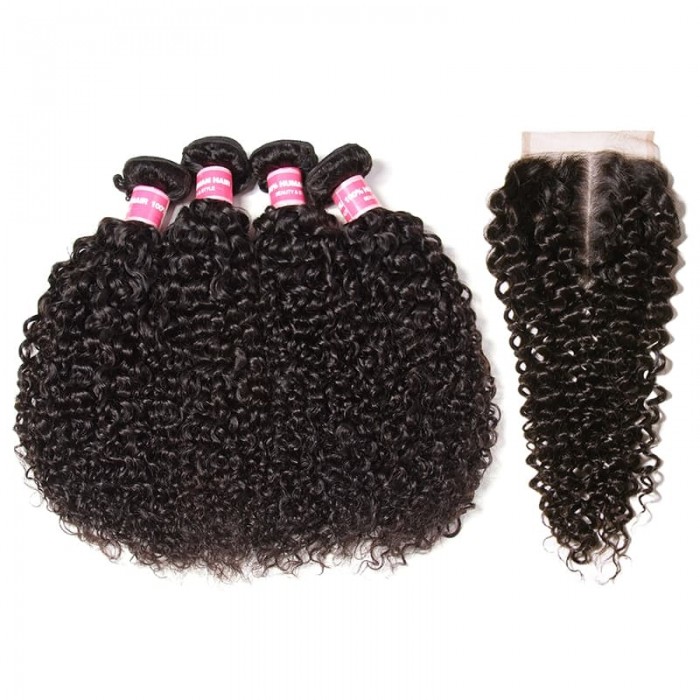 Incolorwig Natural Black Jerry Curly Weave 4 Bundle Deals With 4x4 Lace Closure