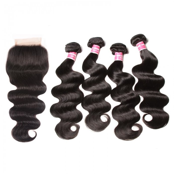 Incolorwig Soft And Bouncy Body Wave Human Hair Weave 4 Bundles With 4x4 Lace Closure