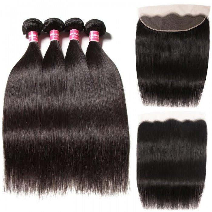 Incolorwig Best 4 Bundles Straight Human Hair Weave With Ear To Ear 13x4 Lace Frontal