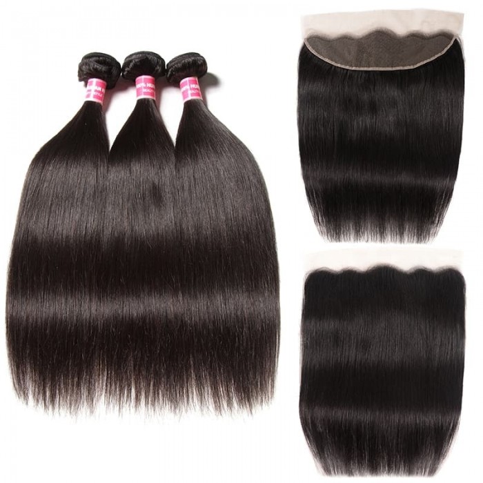 Incolorwig 100% Virgin Human Hair Straight Hair 3 Bundles With 13x4 Lace Frontal Closure