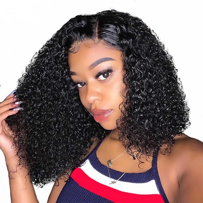 Incolorwig Short Bob Premium Water Wave 4x4 Lace Closure Wigs 150% Density Black Hair Wig