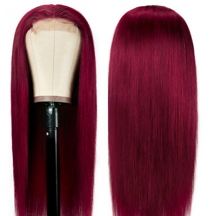 Incolorwig Burgundy Hairline Lace Part Wig Bone Straight Human Hair Wig Wine Red 150% Density Updated Hairline Lace Wig