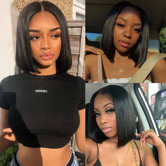 Incolorwig Natural Black Straight Hair Bob Wigs U Part Wig 2x4 Opening Size Middle Part Blunt Cut Bob