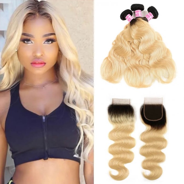 Incolorwig Indian Human Hair Combination #T1B613 Ombre Blonde Body Wave Hair 3 Bundles Deals With 4*4 Lace Closure