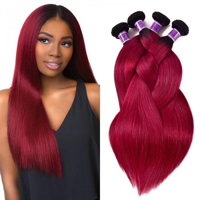 Incolorwig Colorful #TB Burgundy Straight Human Hair 4 Bundles Deals Human Hair Weave