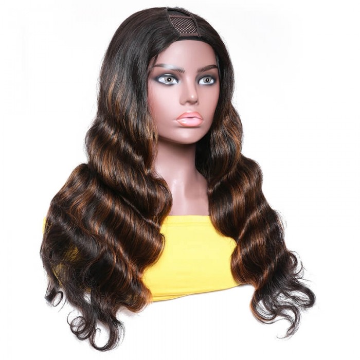 Incolorwig Ombre Wig 150% Density U Part Wig Body Wave Human Hair Wigs Black Hair With Brown Highlights