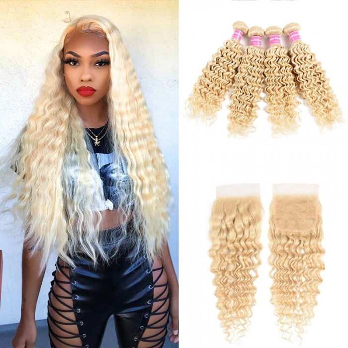 Incolorwig #613 Blonde Deep Wave Peruvian 4 Bundles Hair With 4*4 Lace Closure Free Part For Women