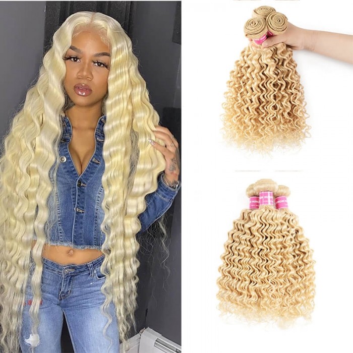 Incolorwig High Quality Malaysian Human Hair #613 Blonde Deep Wave 3 Bundles Hair Weave With 4*4 Lace Closure