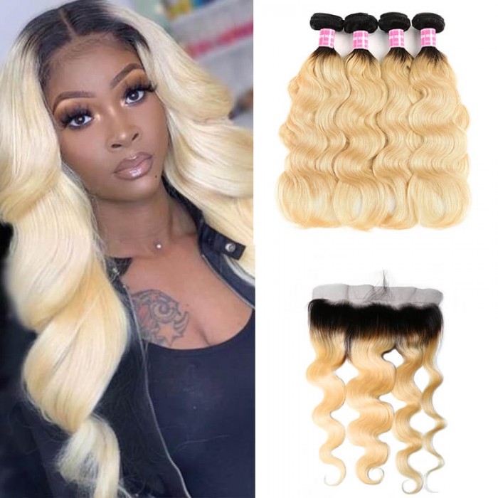 Incolorwig Peruvian #T1B613 Ombre Color Body Wave 4 Bundles Hair With 13*4 Free Part Lace Frontal