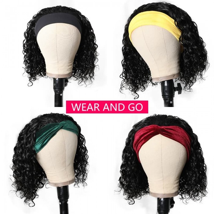 Incolorwig Water Wave Bob Wigs Natural Black Headband Human Hair Wigs