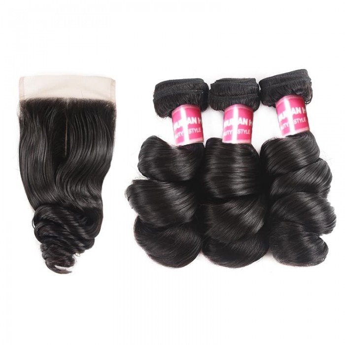 Incolorwig Loose Wave 3 Bundles With 4x4 Lace Closure Human Hair Natural Color