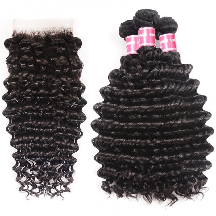 Incolorwig Deep Wave Virgin Hair Weave 3 Bundles With Lace Closure Natural Color Best Human Hair