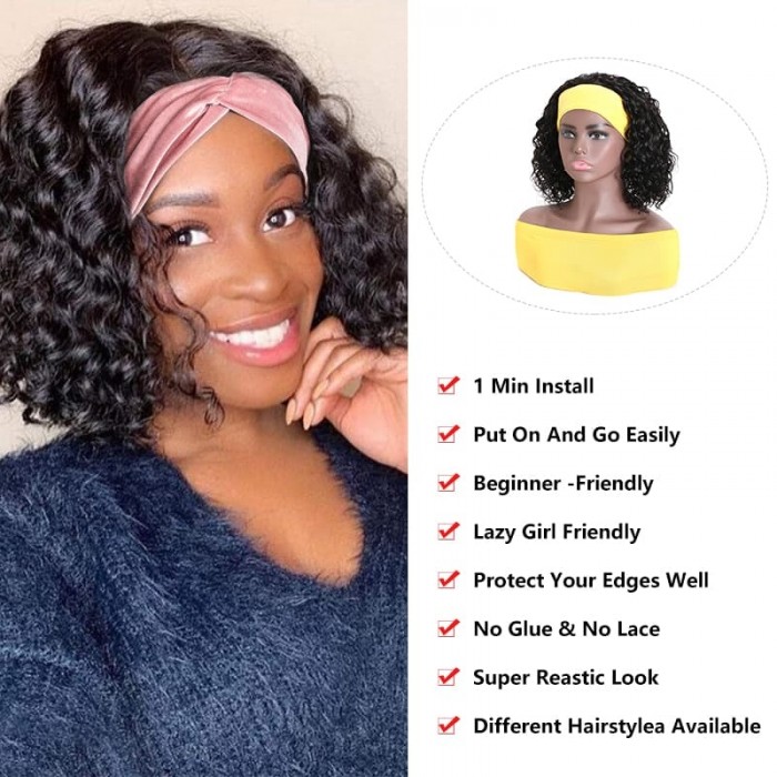 Incolorwig Water Wave Bob Wigs Natural Black Headband Human Hair Wigs