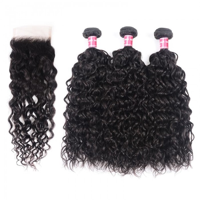Incolorwig Brazilian Water Wave Virgin Hair Weave 3 Bundles With Lace Closure 100% Virgin Human Hair