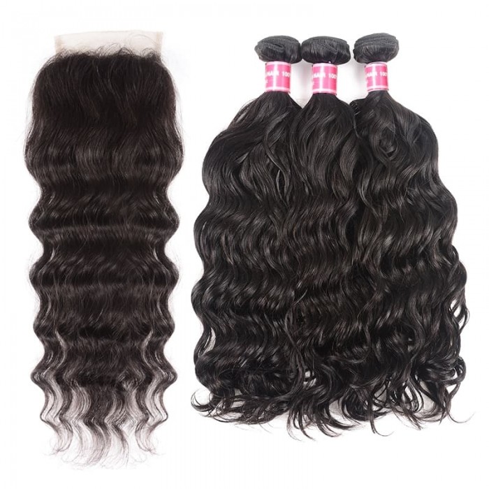Incolorwig Natural Wave Virgin Hair Bundles 3 Bundles With Closure 100% Unprocessed Human Hair