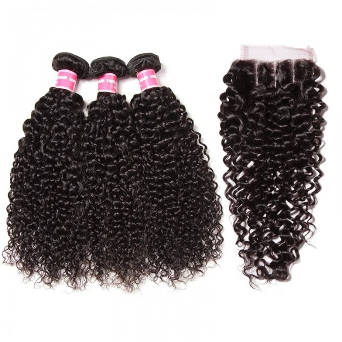 Incolorwig Jerry Curly Virgin Hair 3 Bundles With Pre-plucked 4*4 Lace Closure Human Hair