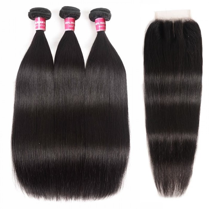 Incolorwig Brazilian Straight Hair 3 Bundles With Lace Closure 4*4 Free Part Virgin Human Hair