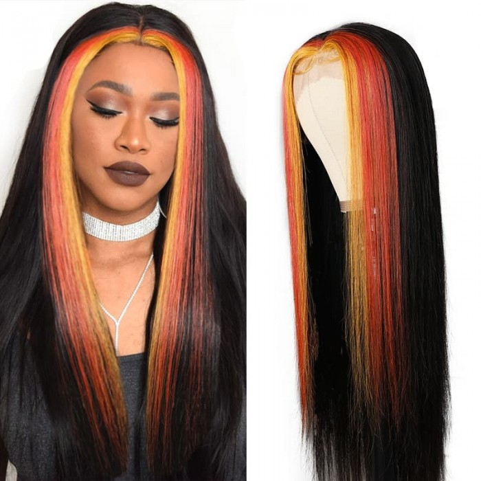 Incolorwig Highlight 13*4 Lace Frontal Wig 150% Density Natural Black Mixed Orange And Yellow Straight Wig