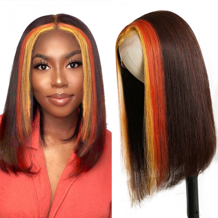 Incolorwig 150% Density Human Hair 13x4 Lace Front Highlight Wig #4 Mixed Orange And Yellow Colored Wig